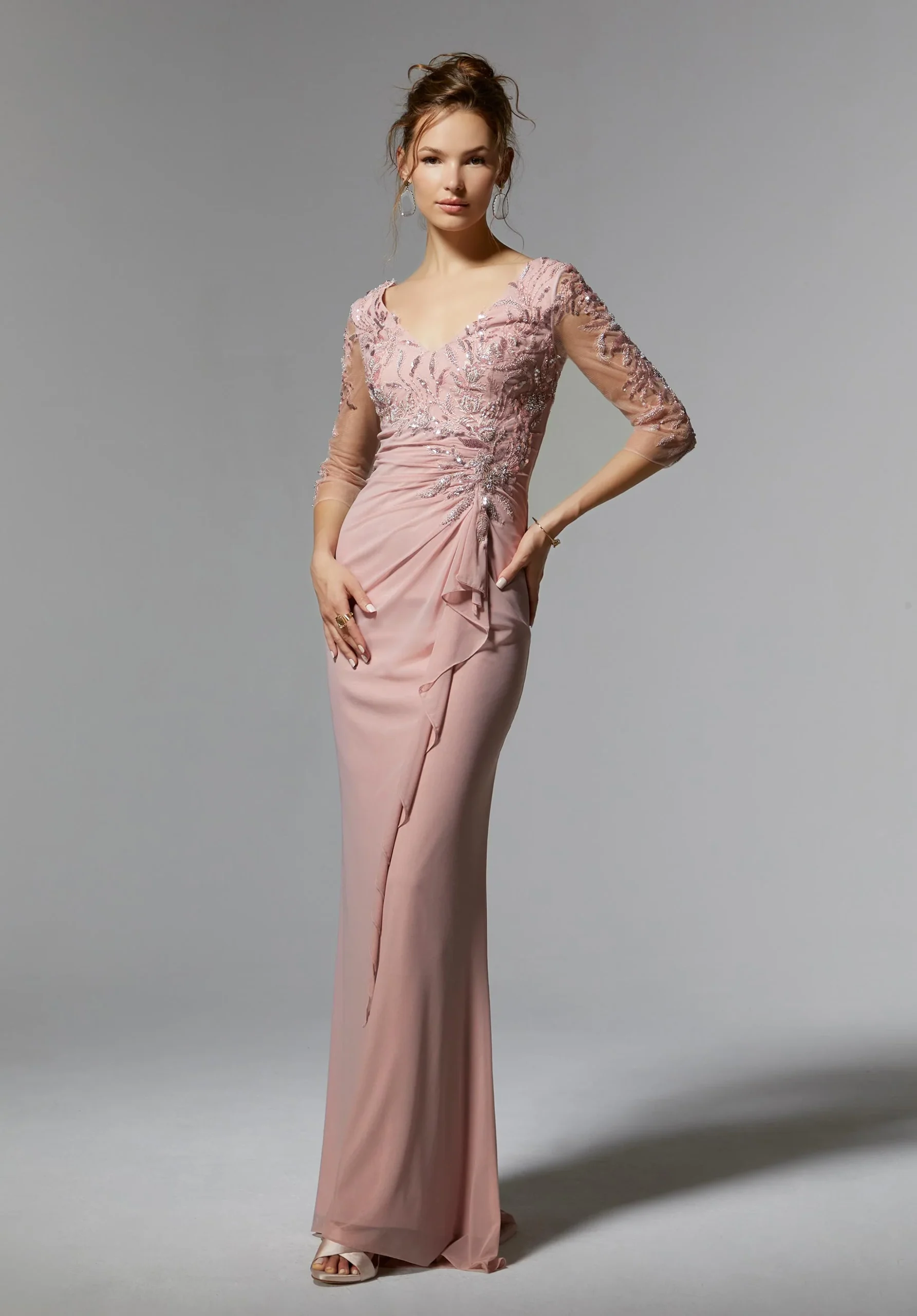 MGNY Morilee 90927 Fitted Stretch Mesh Evening Gown in blush pink