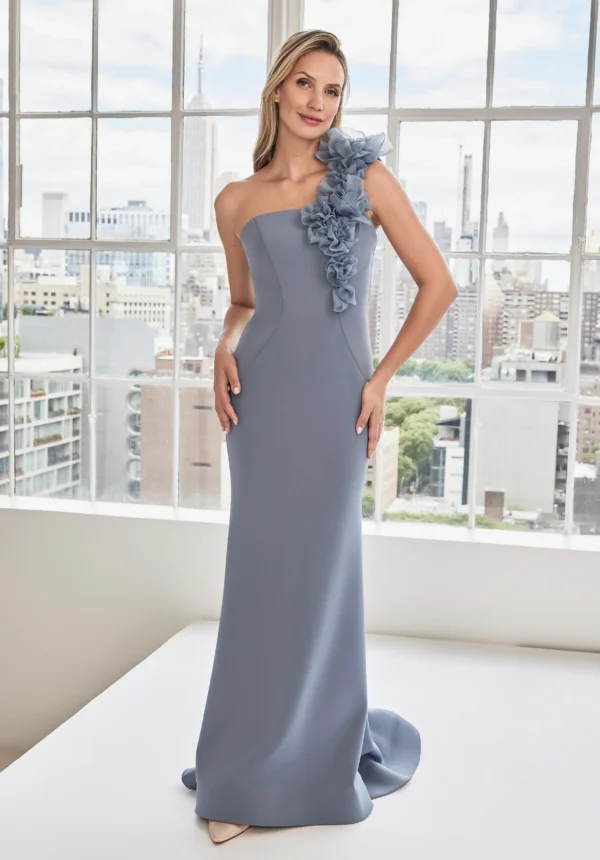 One Shoulder Floral Drape Evening Gown in Scuba Jersey